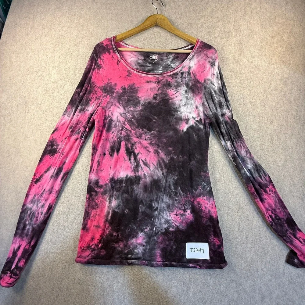 Alo Yoga Pink Black Tie Dye Long Sleeve Scoop Neck Activewear Top Medium